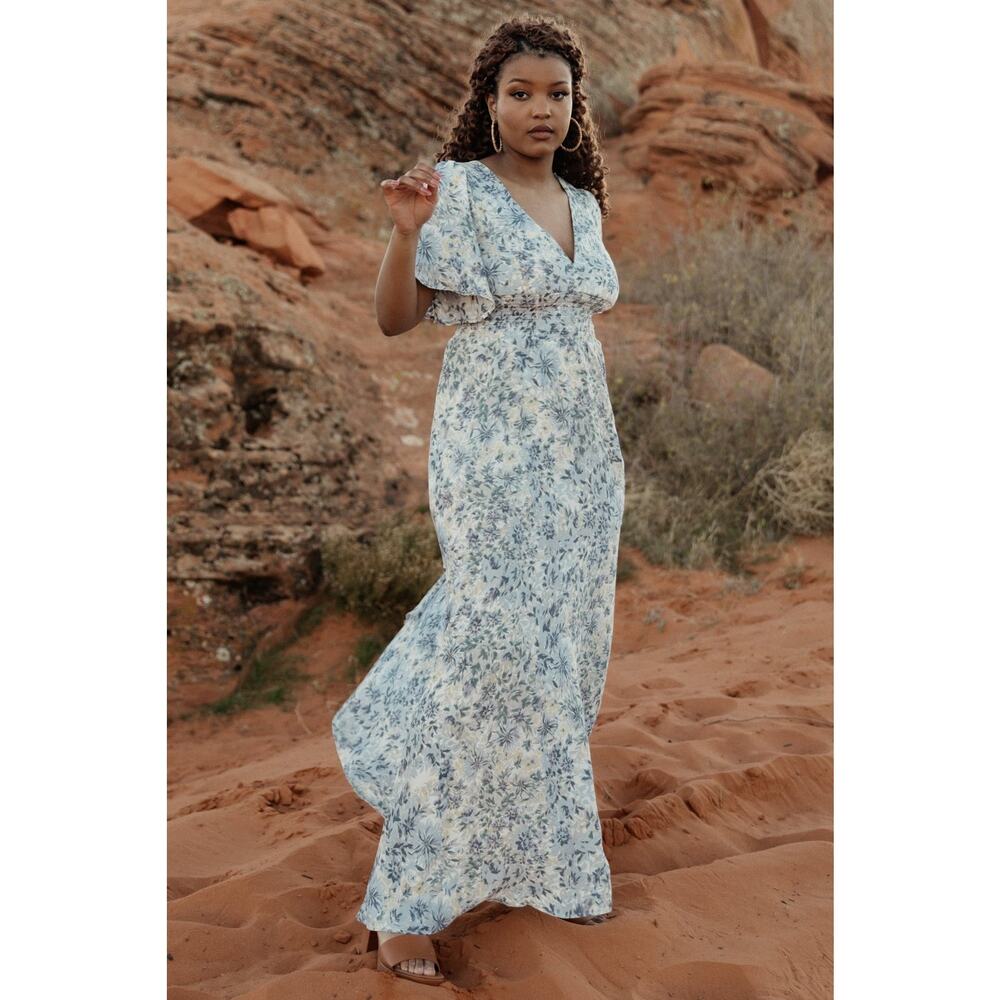 Baltic Born Verona Maxi Dress White Blue Floral Smocked Waist